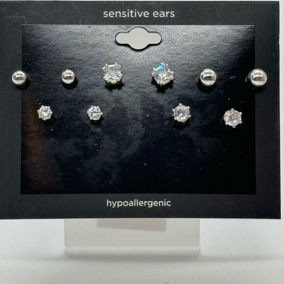 Variety 5 Pairs Silver Tone CZ Post Earrings - Picture 3 of 6